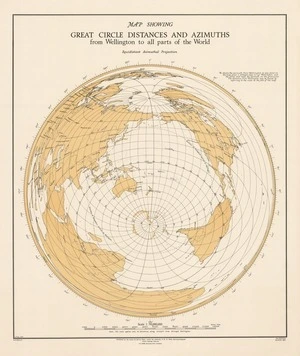 Map showing great circle distances and azimuths from Wellington to all parts of the world / L.P. Lee, 1944.