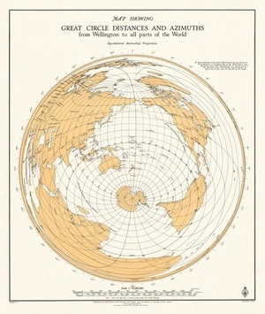 Map showing great circle distances and azimuths from Wellington to all parts of the world.