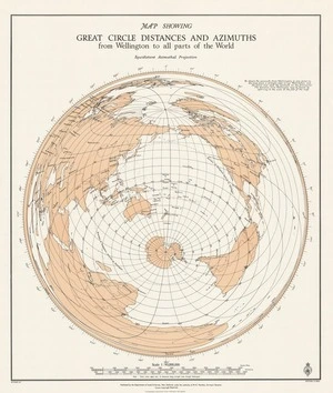 Map showing great circle distances and azimuths from Wellington to all parts of the world.