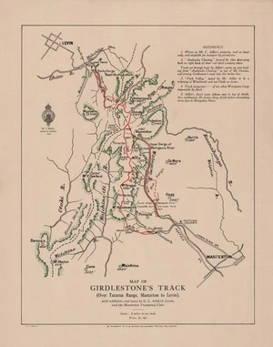 Map of Girdlestone's track (over Tararua Range, Masterton to Levin) / with additions and notes by G.L. Adkin, Levin, and the Masterton Tramping Club.