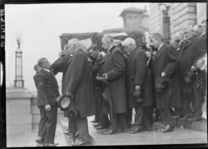 Pall-bearers, State funeral of Prime Minister William Ferguson Massey, Parliament building, Wellington