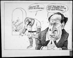Hodgson, Trace, 1958- :"Minister! The artists are rebelling!!" "Quick, throw down those 'Paint by number' sets we got cheap from Korea ..!" [1984-1987].