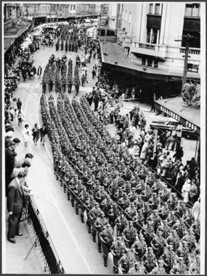 Troops for the Malayan Emergency marching up Lambton Quay, Wellington
