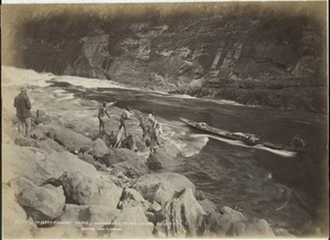 Burton Brothers, 1868-1898 (Firm, Dunedin) :Photograph of men at Taherepokiore Rapid, Whanganui River