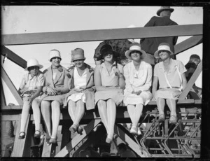 Women waiting for Captain George Hood and Lieutenant John R Moncrieff to arrive from their trans-Tasman flight, Trentham racecourse