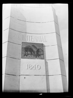 Left hand side of Centennial Memorial during construction with in-built image of a shepherd with his horse and dog above the year 1840
