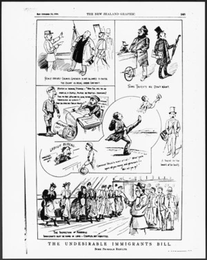 Cartoonist unknown :The Undesirable Immigrants Bill. New Zealand Graphic, 13 October 1894 (page 345).