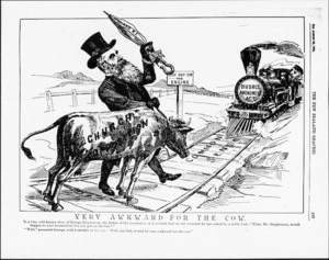 Cartoonist unknown :Very awkward for the cow. New Zealand Graphic and Ladies Home Journal, 25 August 1894 p. 177.
