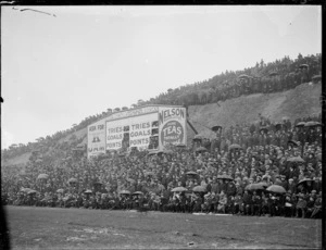 Part 1 of a 2 part panorama of crowds at Athletic Park, Berhampore