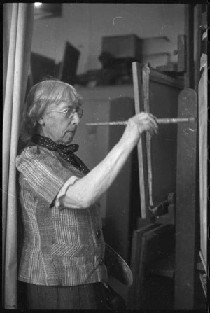 Frances Hodgkins painting at her studio, Corfe Castle village, Dorset