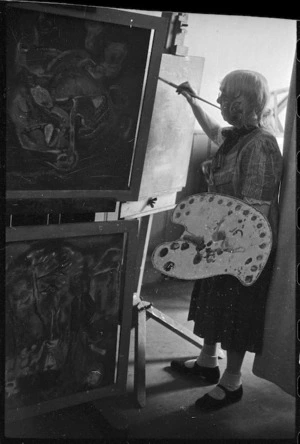 Frances Hodgkins painting in her studio, Corfe Castle village, Dorset