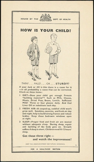 New Zealand. Department of Health :How is your child? Thin? ... Pale? ... or ... sturdy? For a healthier nation. [ca 1945]