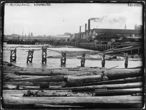 Creator unknown :Photograph of Kauri logs at the Auckland wharves