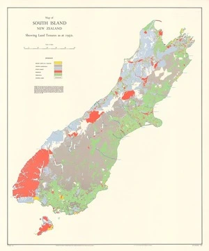 Map of South Island, New Zealand showing land tenures as at 1950.
