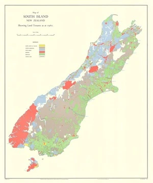 Map of South Island, New Zealand showing land tenures as at 1961.
