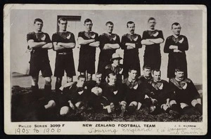 Philco Publishing Company: New Zealand football team / J C Burrow. Philco series 3099F. The Philco Publishing Co., Holborn Place London, W.C. [Postcard. 1905?]