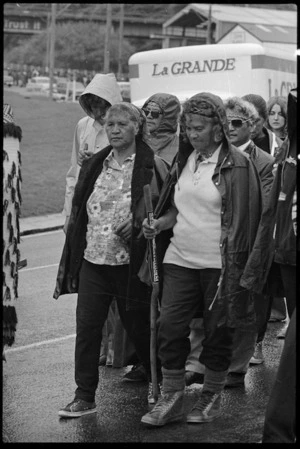 Leading marchers on the Maori land march, at Kaiwharawhara, Wellington