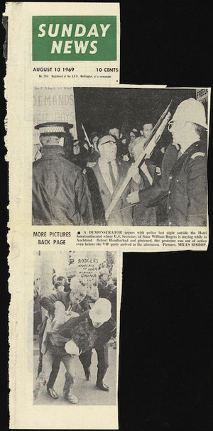 Sunday news :Sunday news August 10 1969. Headlocked and pinioned, this protester was out of action even before the VIP party arrived in the afternoon / Miles Bishop [photographer]