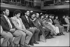 Maori Victoria University graduands seated in a row during a hui on campus - Photograph taken by Merv Griffiths