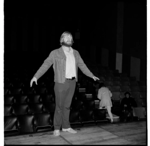 Photographs of actors rehearsing 'The Devil and Mr Mulcahy' play in a theatre, with director Phillip Mann