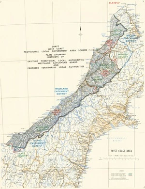 Draft West Coast provisional local government area scheme plan showing districts of existing territorial local authorities, Westland Catchment Board and proposed territorial local authorities / drawn by the Department of Lands & Survey.