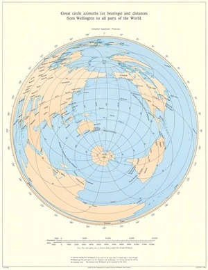 Great circle azimuths (or bearings) and distances from Wellington to all parts of the world / drawn by the Department of Lands & Survey, Wellington, New Zealand.