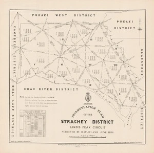 Triangulation plan of the Strachey District, Lindis Peak circuit / surveyed by H. Maitland, June 1884 ; drawn by F. Horwood, Christchurch.