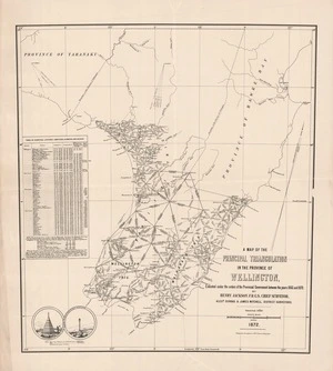 A map of the principal triangulation in the Province of Wellington : executed under the orders of the provincial government between the years 1866 and 1870 / by Henry Jackson, F.R.G.S., Chief Surveyor, Alexr. Dundas & James Mitchell, District Surveyors ; C.M. Igglesden, draughtsman, W.W.J. Spreat, lithographer.