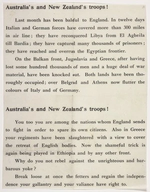 [Deutsches Afrikakorps]: “Australia’s and New Zealand’s troops!” [North Africa, ca April 1941].