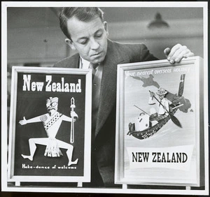 Mr A C Collins with displays for advertising New Zealand to the Australian tourist market