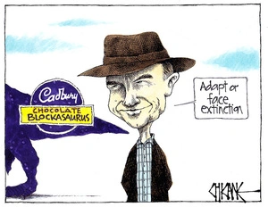 Sam Neill tells the Cadbury Chocolate Blockasaurus to stay in Dunedin