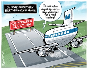 The National Party aeroplane piloted by Bill English attempts a hard landing at the September election airport