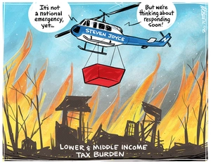 A 'Steve Joyce' helicopter thinks about a response, as it hovers with a monsoon bucket over the burning lower and middle income tax burden