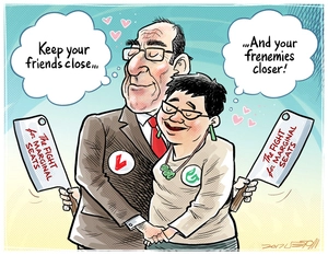 Frenemies - Andrew Little and Metiria Turei embrace while each holding a hidden meat cleaver labelled 'The fight for marginal seats'
