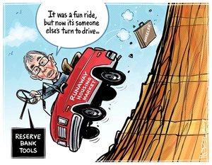 Reserve Bank Governor Graeme Wheeler drives the red 'runaway housing market' car over a cliff as he takes his hands off the wheel