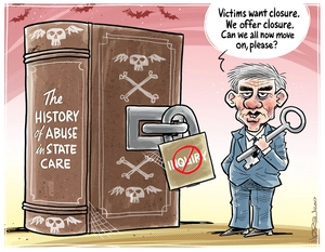Bill English holds a key to the 'inquiry' padlock which has closed the book 'The History of Abuse in State care'