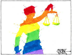 A rainbow statue of Lady Justice - convictions for homosexuality expunged