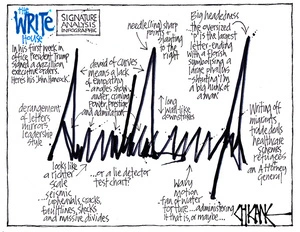 The WRITE House signature analysis infographic - President Trump signs executive orders in his first week in office