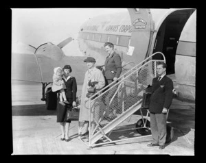 National Airways Corporation (NAC), passengers, stewardess Val Grant, and traffic officer D Fallon, Whenuapai Aerodrome, Waitakere, Auckland