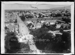 View of Christchurch from one of the exhibition towers at the New Zealand International Exhibition 1906-1907 - Photograph taken by E. Denton