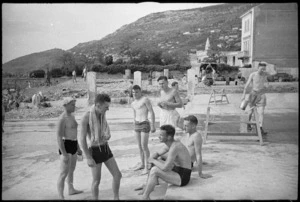 New Zealand soldiers in swimming costumes at the Divisional Cavalry rest area in Trieste, Italy, at the end of World War 2 - Photograph taken by George Kaye