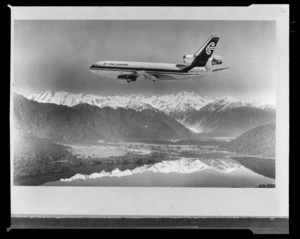 Air New Zealand aircraft flying over Lake Mapourika, Franz Josef, West Coast