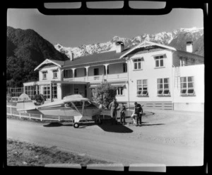 Mount Cook Airlines Tripacer and unidentified hotel, Fox Glacier, Westland, West Coast