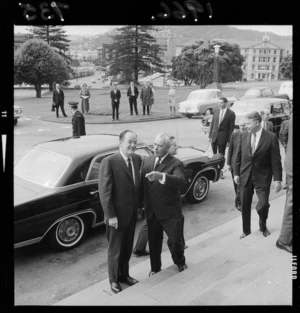 Hubert Humphrey, the Vice-President of the United States, welcomed at Parliament, Wellington, by the Prime Minister, Mr Holyoake