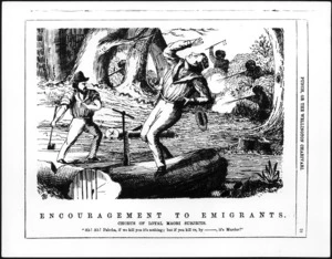 Cartoonist unknown :Encouragement to emigrants. Punch, or the Wellington Charivari, 1868.