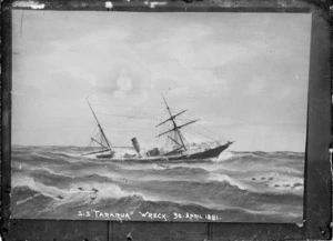 Photograph of a painting by William James Forster depicting the wreck of the steamship Tararua, April 1881. Painting signed and dated WJ Forster 1882.