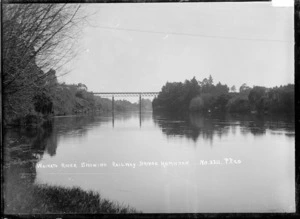 Waikato River at Hamilton, showing the railway bridge, circa 1910s