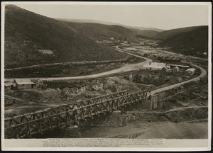 Deveril, Herbert, 1840-1911 : Photograph of Woolshed Valley, Otago, showing the railway bridge over the South Tokomairiro River