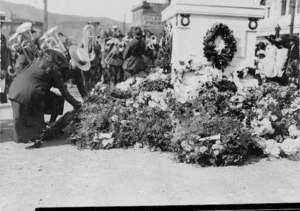 Anzac Day wreaths at the temporary cenotaph, corner of Molesworth Street and Lambton Quay, Wellington