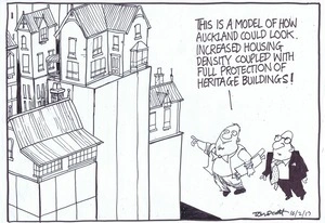 Two developers look at a model of Auckland with increased housing density